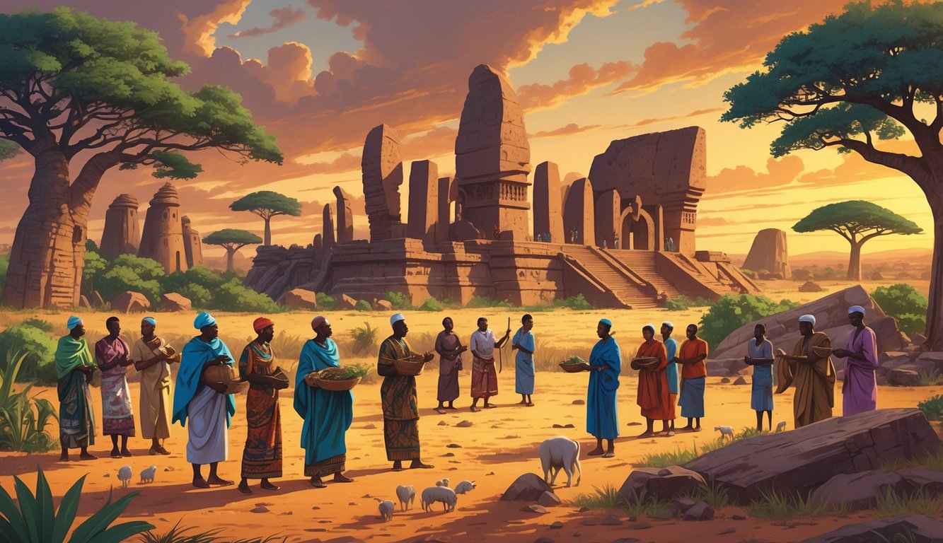 A scene showing Burkinabe people in traditional clothing near ancient stone buildings and mysterious ruins, surrounded by baobab trees and a warm sunset sky.