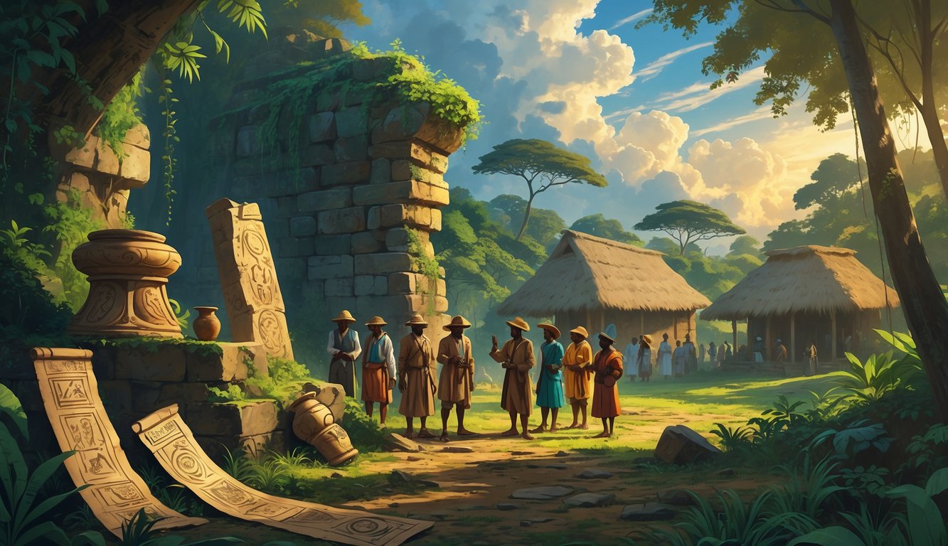 Explorers examining ancient ruins and artifacts in a dense Cameroonian forest near a traditional village, surrounded by symbols of mystery and cultural heritage.