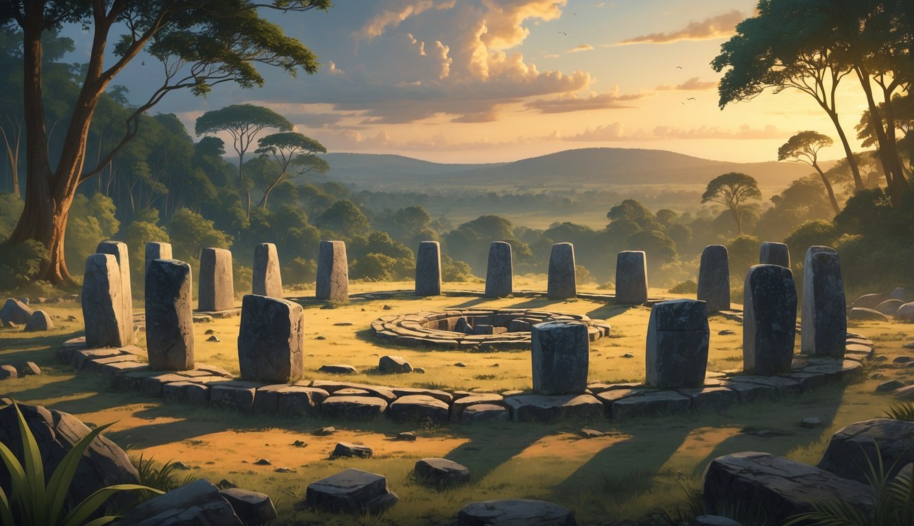 An ancient stone circle surrounded by dense tropical forest and hills at dawn, with scattered carved stones and artifacts partially buried in the ground.