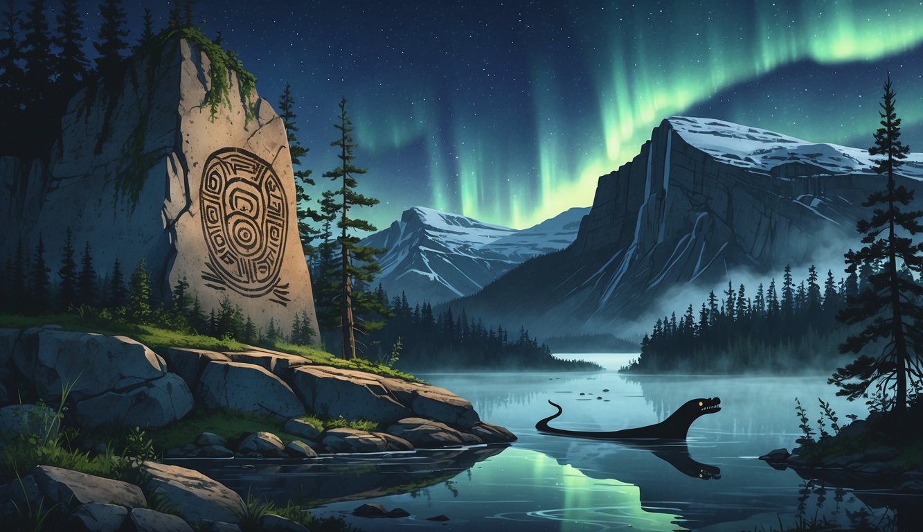 A scene showing an ancient rock carving in a forest, ghostly ships trapped in icy Arctic waters under northern lights, a serpent emerging from a misty lake, and a mountain with a hidden cave entrance.