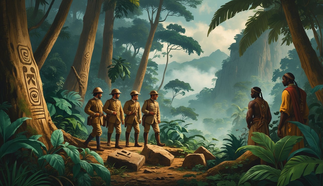 Explorers in colonial-era clothing walk through a dense Cameroonian rainforest while local people watch from behind trees, with ancient artifacts and mysterious symbols visible nearby.
