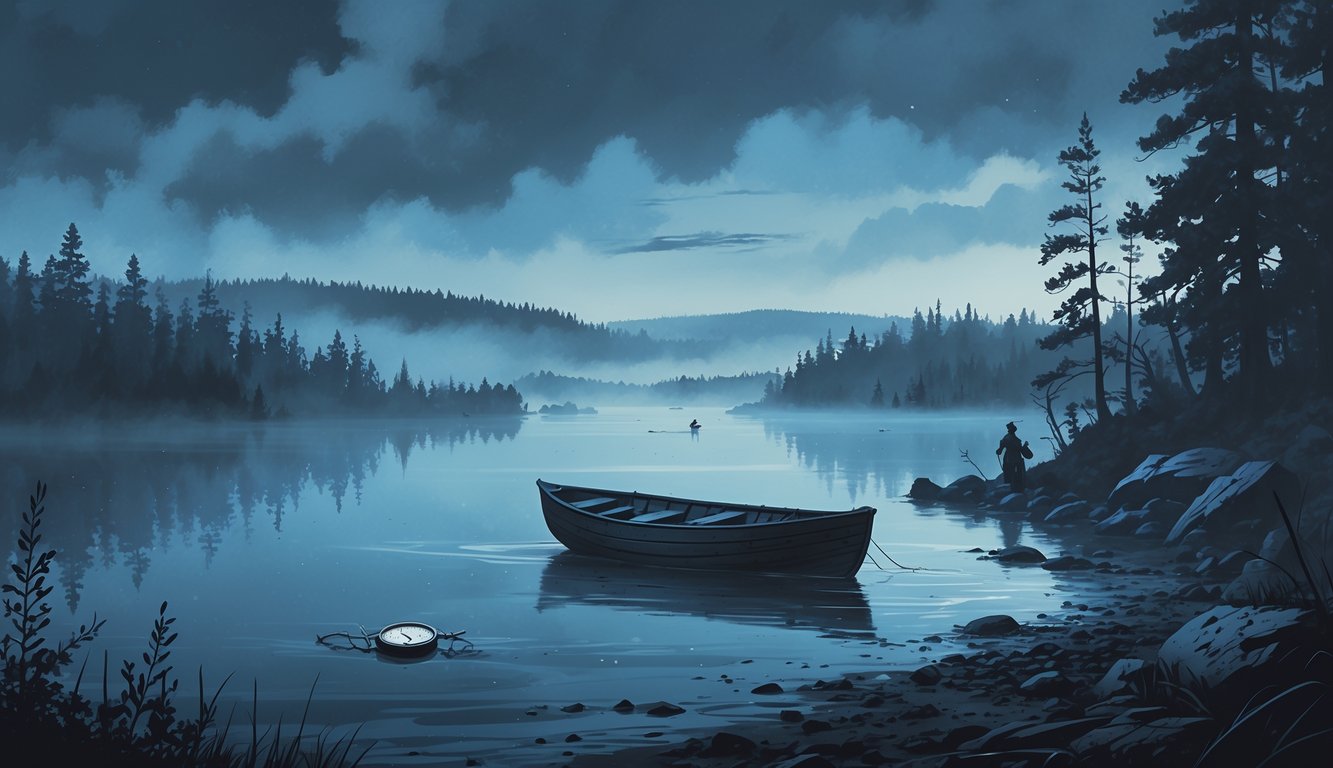 A misty lake at dawn with a partially submerged wooden rowboat near a rocky shore surrounded by pine trees and faint silhouettes of distant islands.