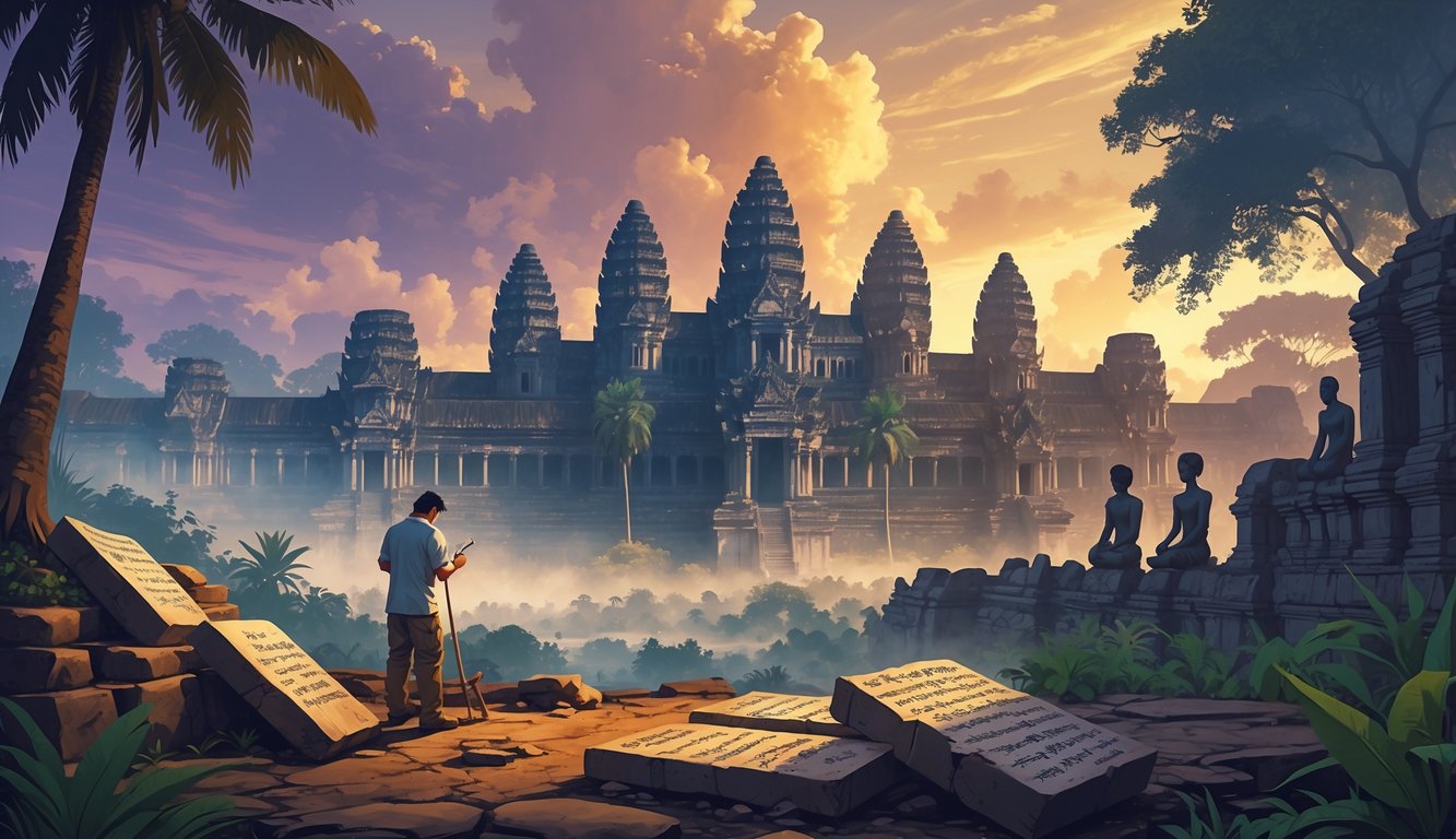 An ancient Cambodian temple complex surrounded by jungle with an archaeologist examining old stone inscriptions and ghostly figures of historical warriors and monks in the background.