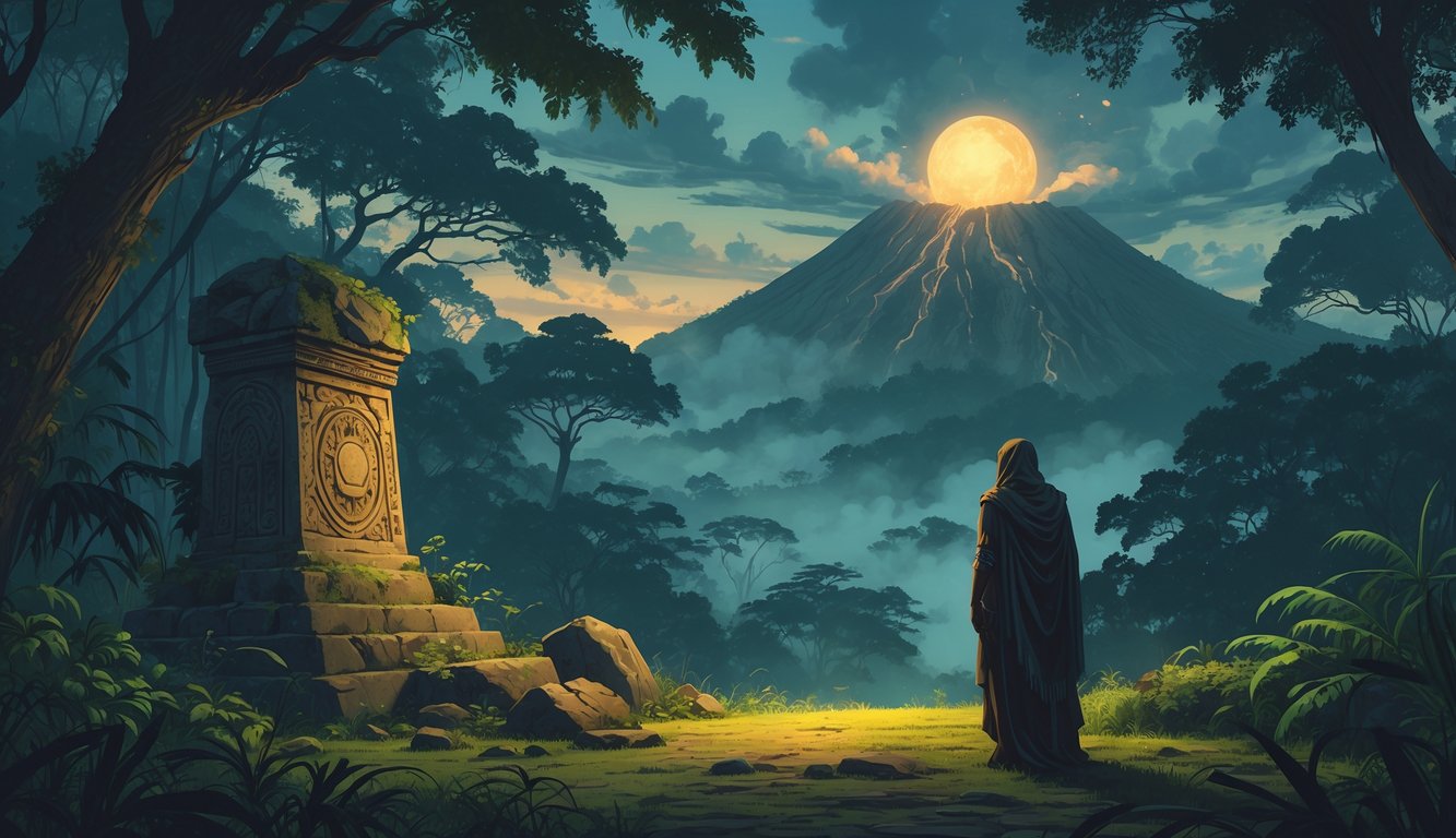 A misty rainforest scene in Cameroon with an ancient stone monument, a cloaked figure looking at a glowing orb, and a volcanic mountain in the background under a twilight sky.