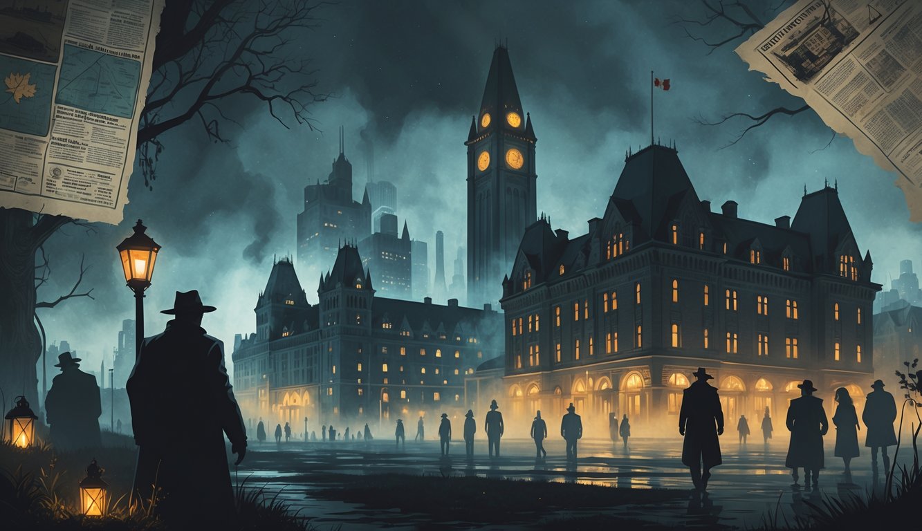 A nighttime cityscape of Canadian landmarks with shadowy figures, ghostly shapes, old maps, and mysterious symbols suggesting urban mysteries.