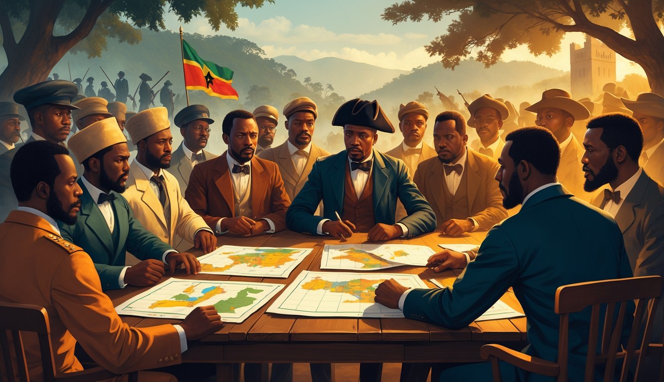 A group of Cameroonian leaders and activists gathered around a table with maps and documents, surrounded by a backdrop of forests, mountains, and colonial symbols, depicting their struggle for independence.
