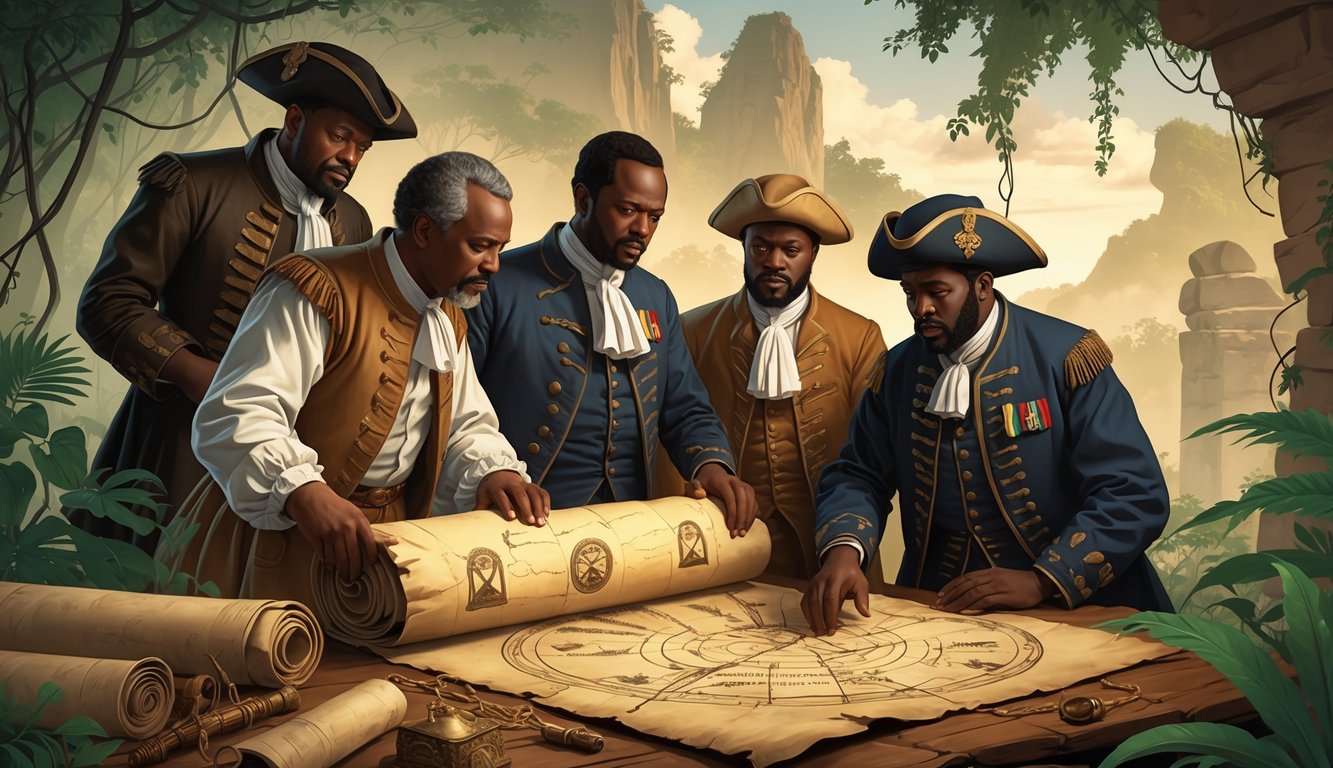 A group of historical Cameroonian leaders examining an ancient glowing map surrounded by landmarks like Mount Cameroon and dense forests, with mysterious symbols and artifacts around them.
