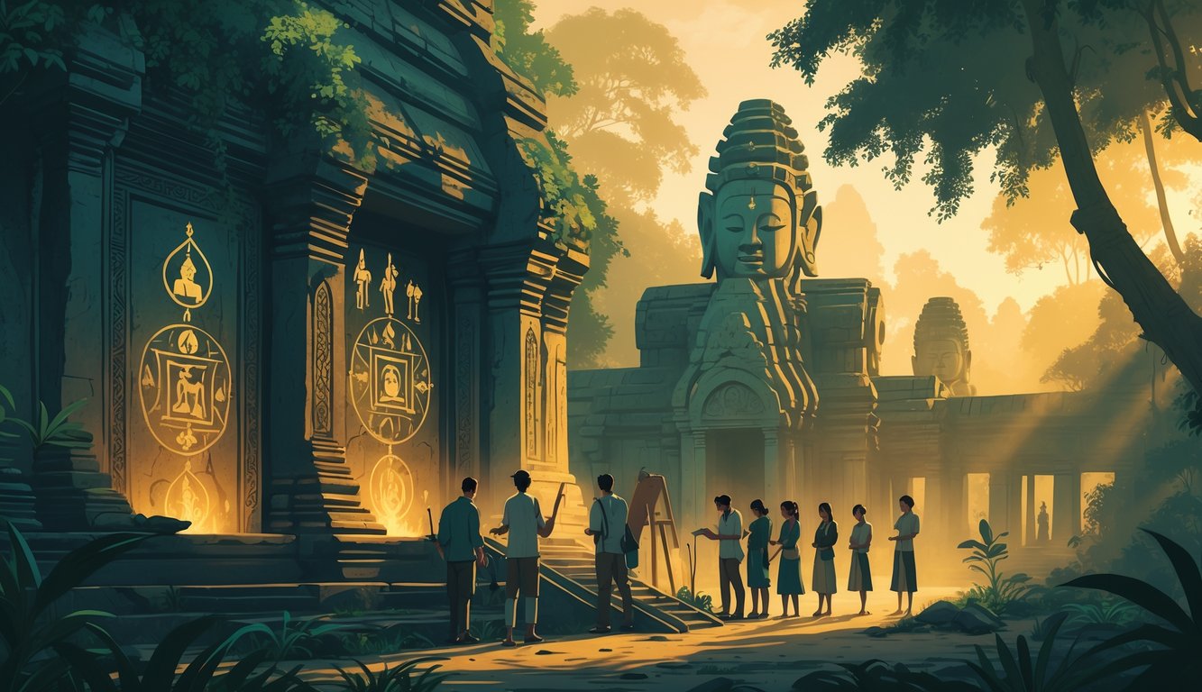An ancient Cambodian temple surrounded by jungle with carved stone walls showing mysterious symbols, and people studying the site under soft sunlight.