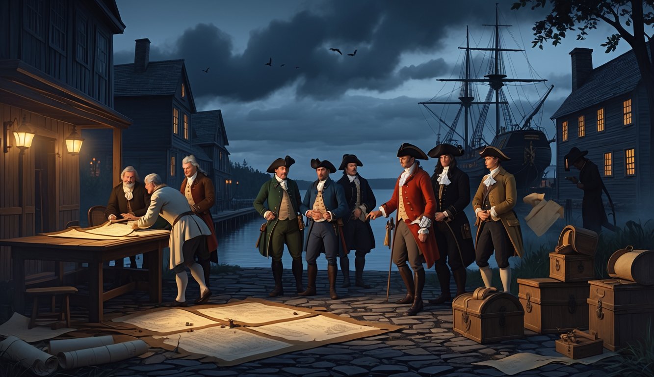 A colonial-era Canadian town at dusk with people examining maps and documents, a shadowy figure in an alley, and a ship anchored by the shore.