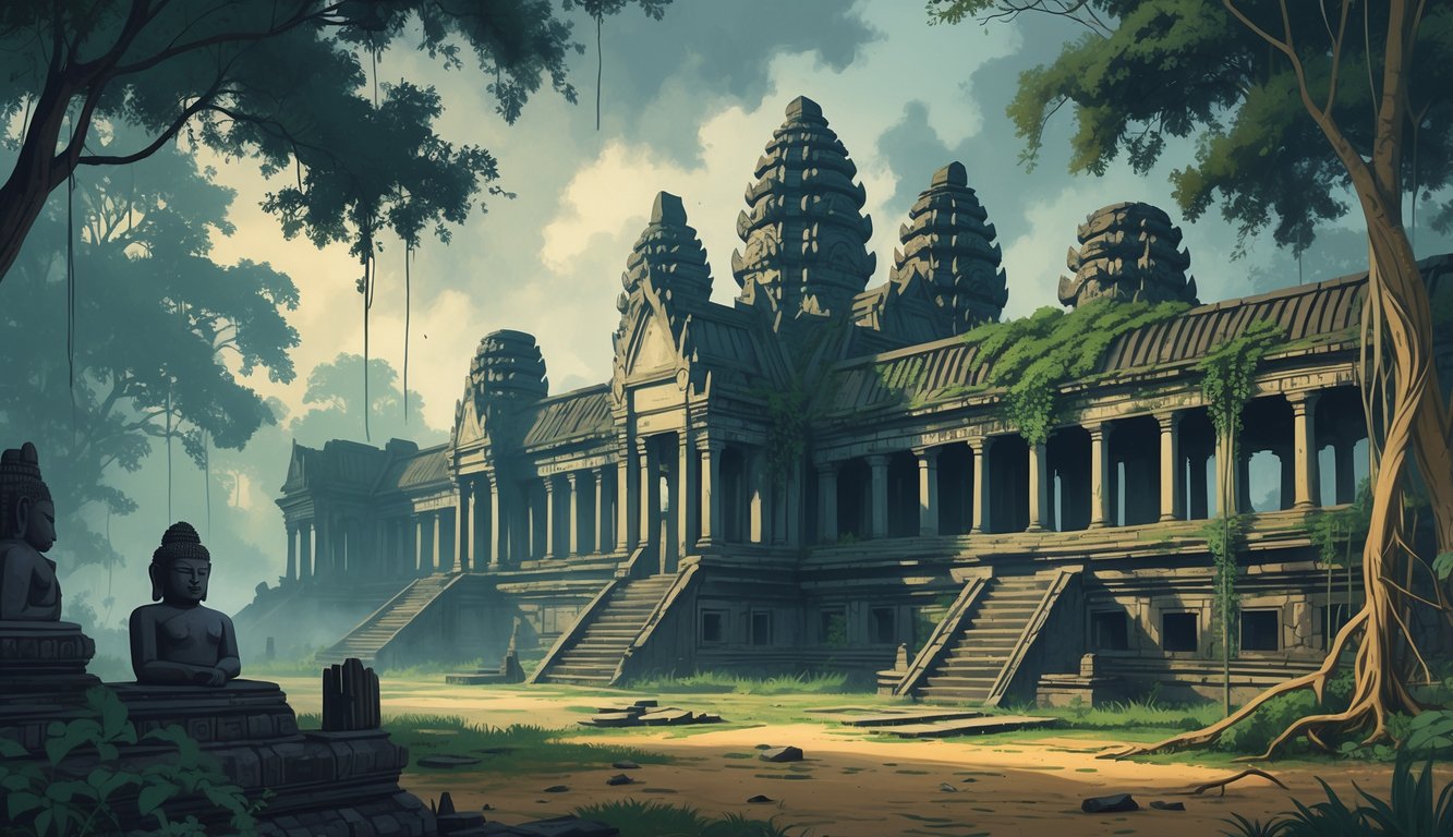 An ancient abandoned Cambodian temple overgrown with jungle plants and surrounded by mist, showing weathered statues and broken artifacts.