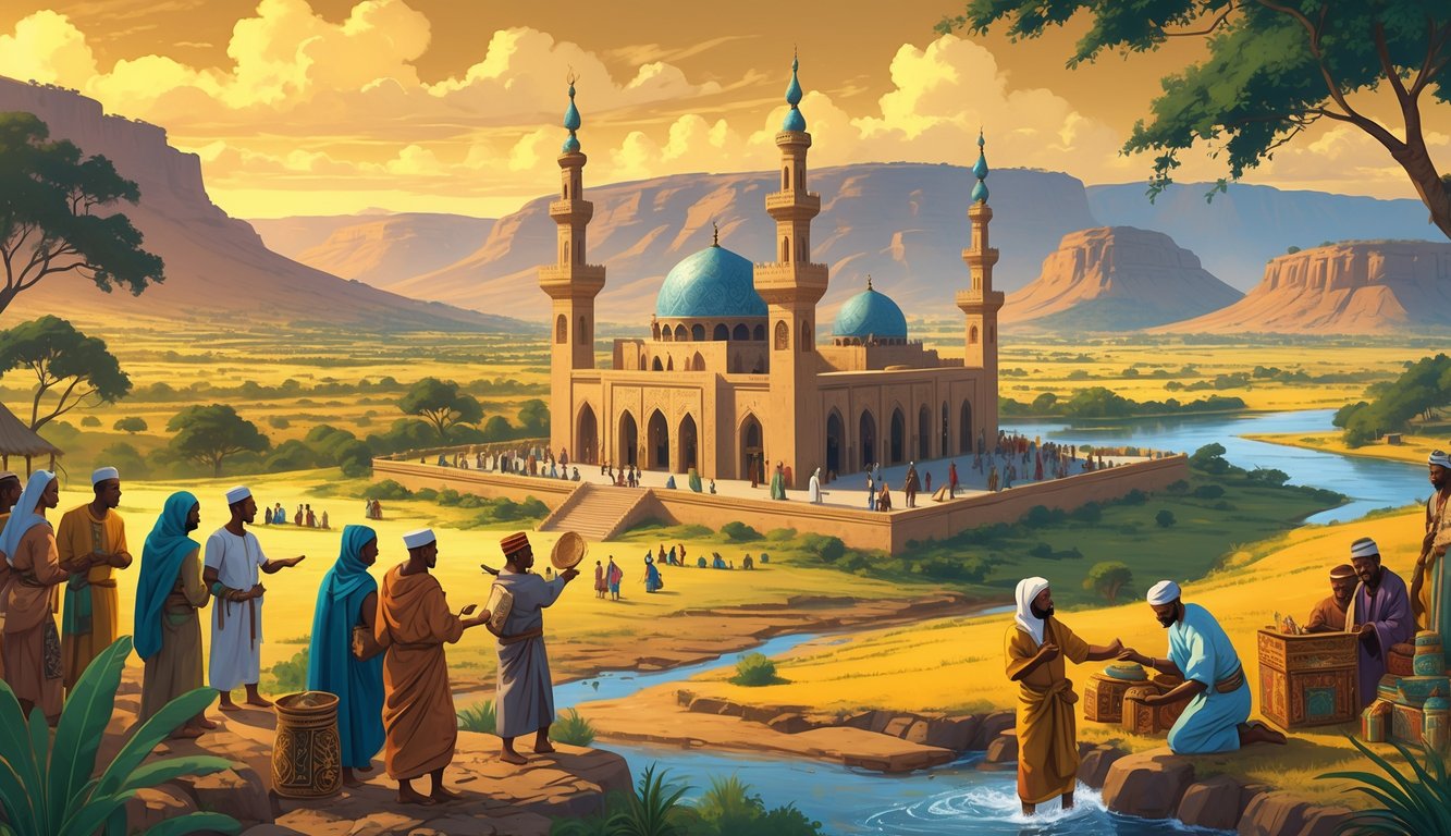 A landscape in Cameroon showing people in traditional clothing around a mosque with hills and rivers in the background, illustrating the historical spread of Islam and religious movements.