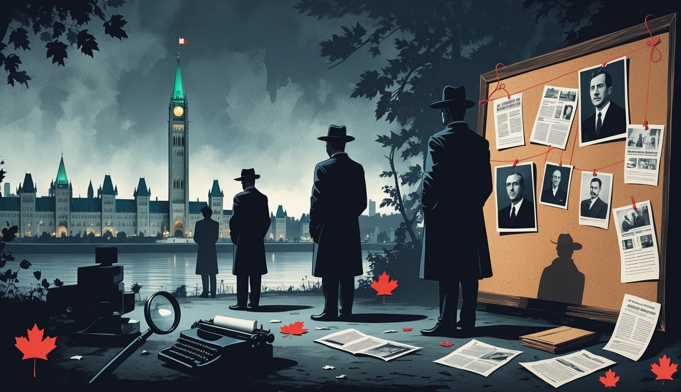 A scene showing shadowy figures near Canadian Parliament buildings surrounded by investigation tools like magnifying glasses, newspaper clippings, and photographs connected by red string.