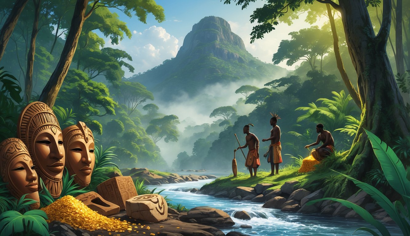 A lush tropical forest in Cameroon with ancient artifacts, a flowing river with visible minerals, Mount Cameroon in the background, and indigenous people gathering natural resources.