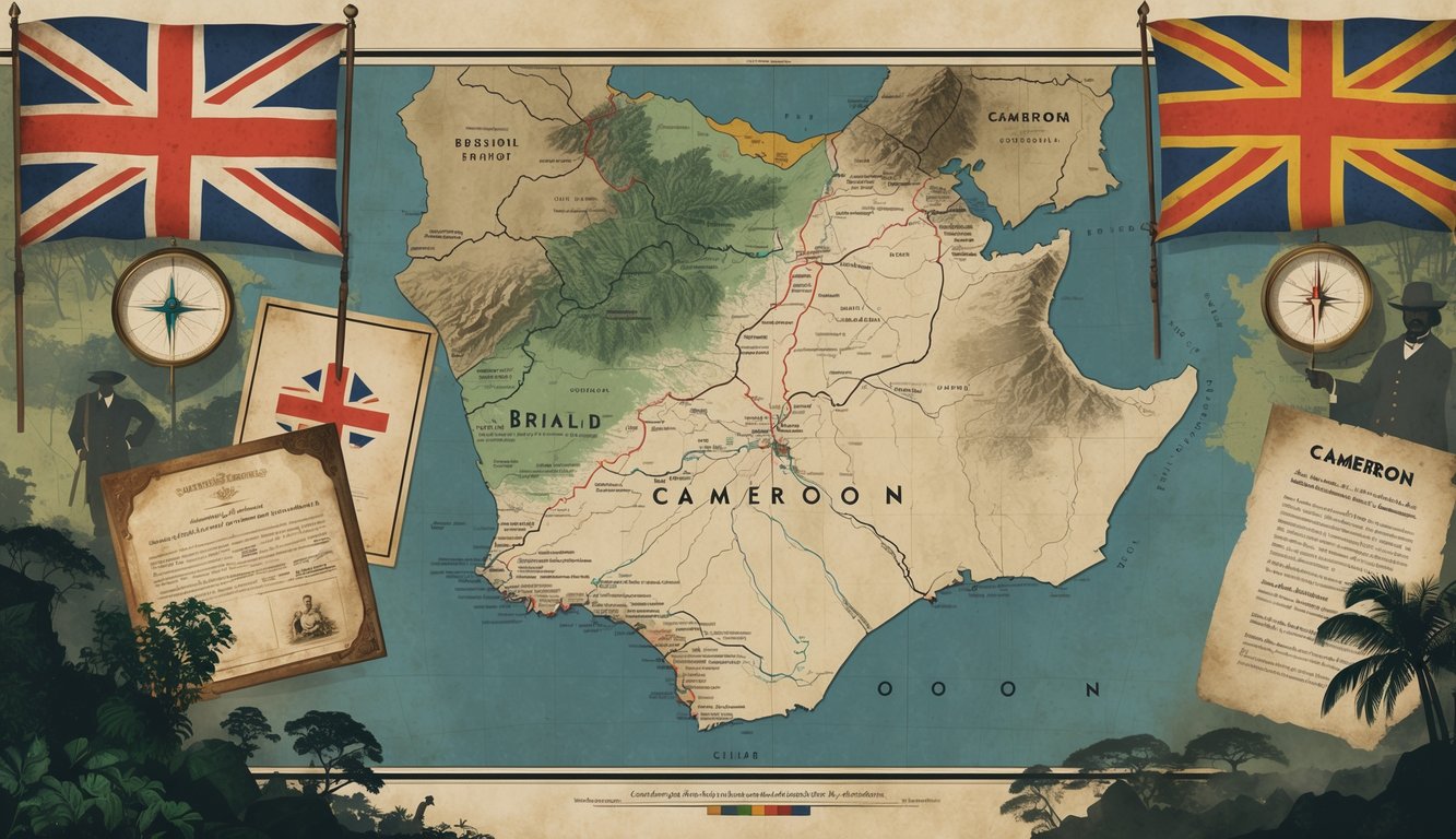 An illustration showing a vintage map of Cameroon with changing borders, surrounded by colonial flags, historical documents, and silhouettes of historical figures, set against natural landscapes.