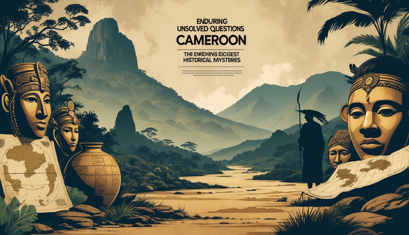 A collage showing ancient Cameroonian artifacts, old maps, historical figures in traditional clothing, and landscapes like rainforests and mountains, symbolizing the country's historical mysteries.