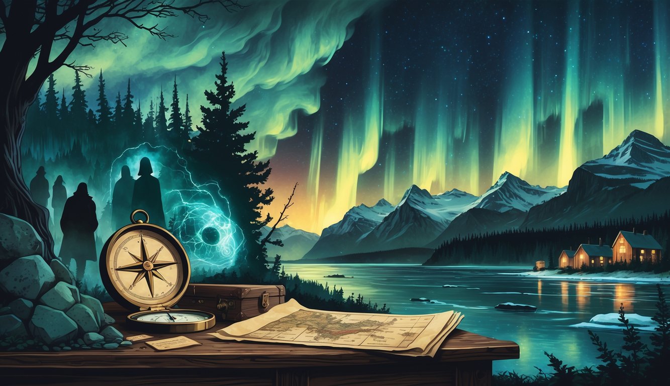 A collage showing Canadian landscapes like forests, mountains, and the Arctic, combined with mysterious artifacts, shadowy figures, and glowing northern lights, representing Canada's historical mysteries.