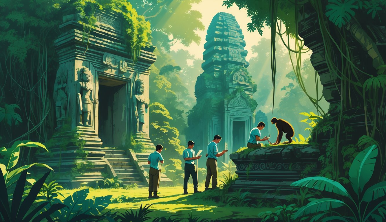 A group of archaeologists examining ancient ruins covered by dense jungle vegetation in Cambodia, surrounded by tropical plants and wildlife.