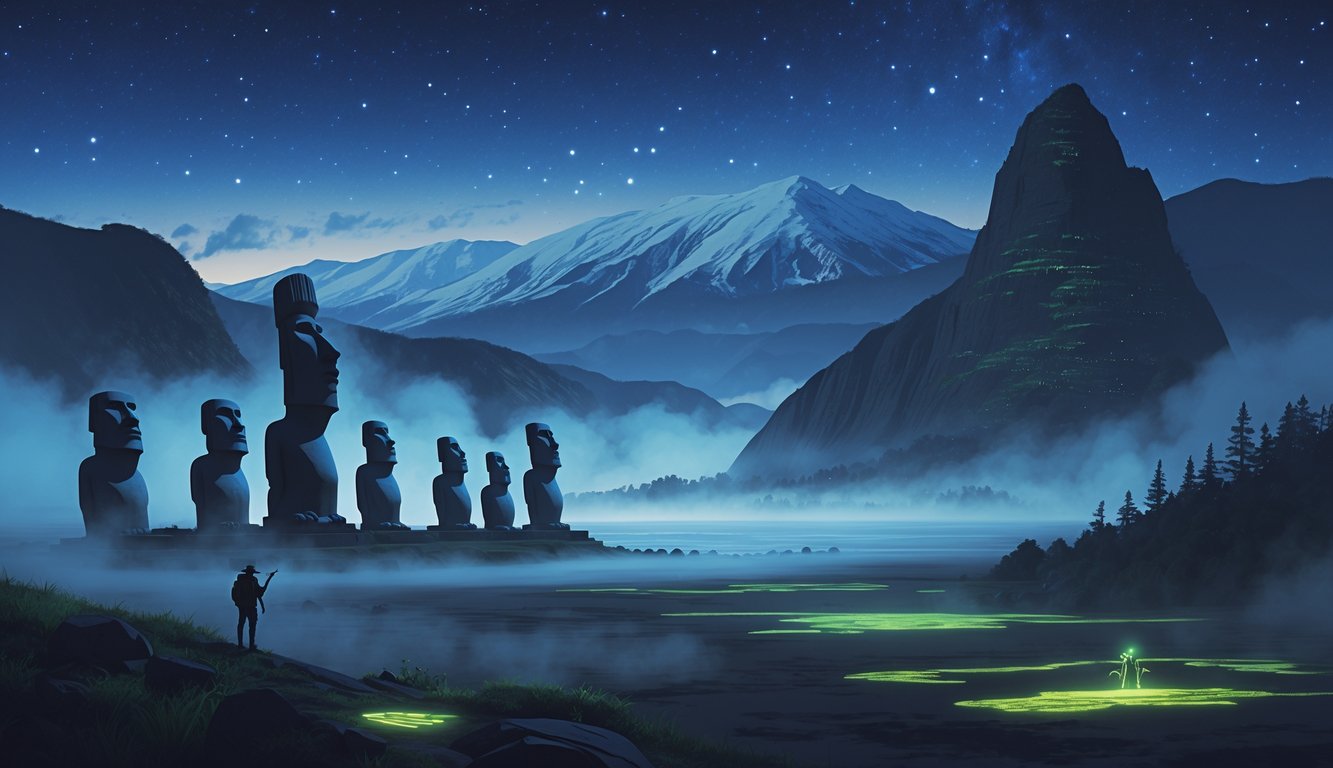 A misty landscape showing Easter Island Moai statues, glowing desert petroglyphs, a shadowy explorer in a foggy forest, and the Andes mountains under a starry twilight sky.