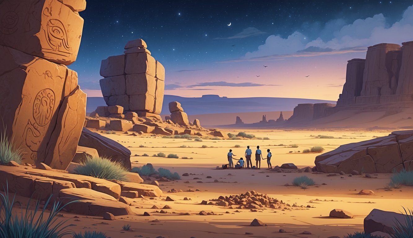 A desert landscape in Chad showing ancient rock art, archaeologists excavating ruins, and mysterious rock formations under a twilight sky.