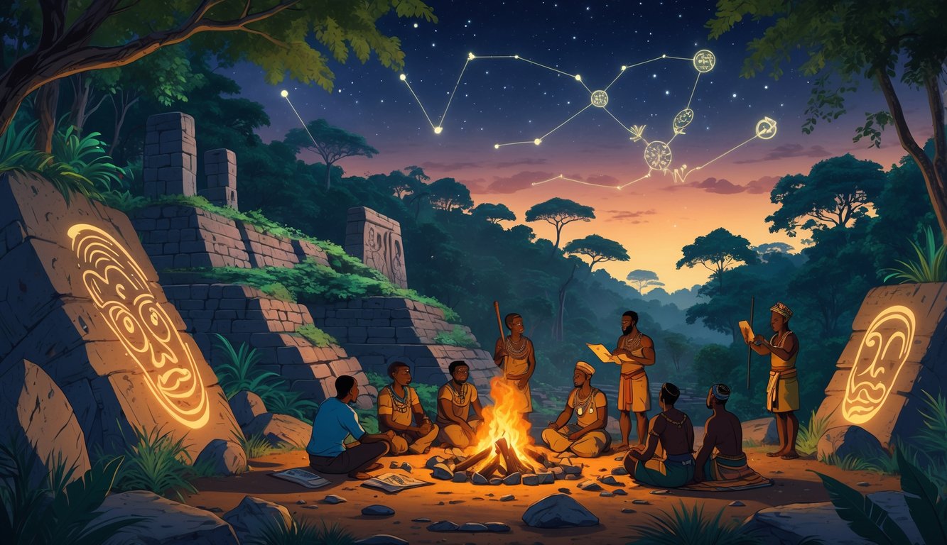 A group of archaeologists and local guides explore ancient stone ruins in a dense Central African rainforest at dusk, surrounded by cultural artifacts and mysterious glowing symbols.