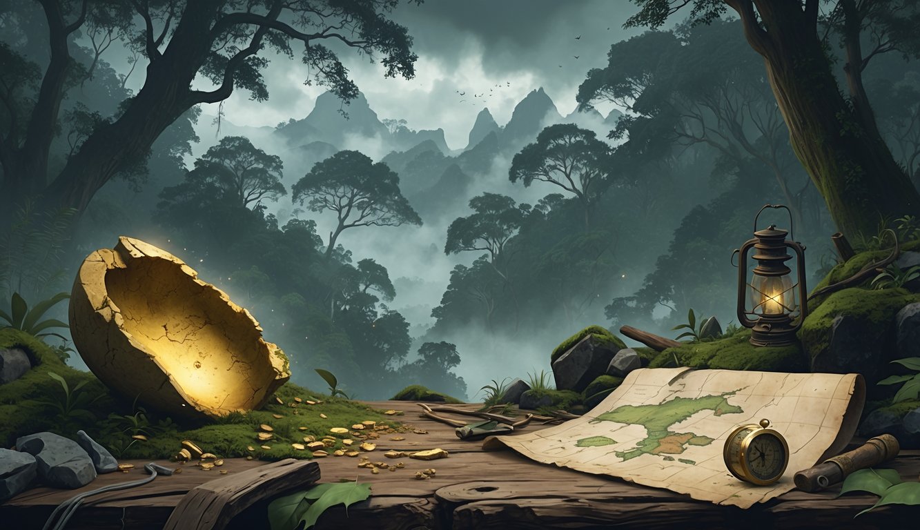 A dense Chilean forest with a glowing golden artifact among mossy rocks, a faded map and explorer tools on a wooden surface, and misty mountains in the background.