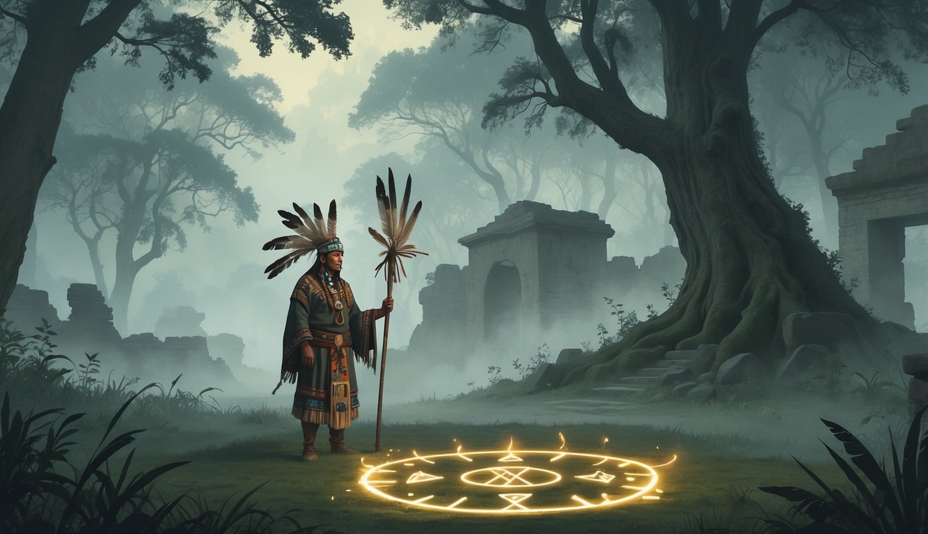 A shaman in traditional attire stands in a misty forest surrounded by glowing ritual symbols and faint ghostly figures, with old houses and ruins visible in the background.