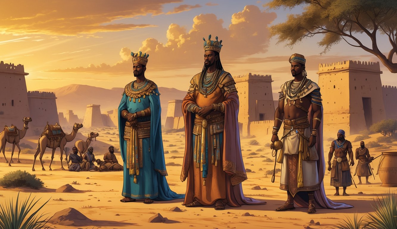 A desert landscape with traditional mud-brick palaces, regal figures in traditional robes, traders with camels, artisans, and warriors set against a sunset and savannah background.