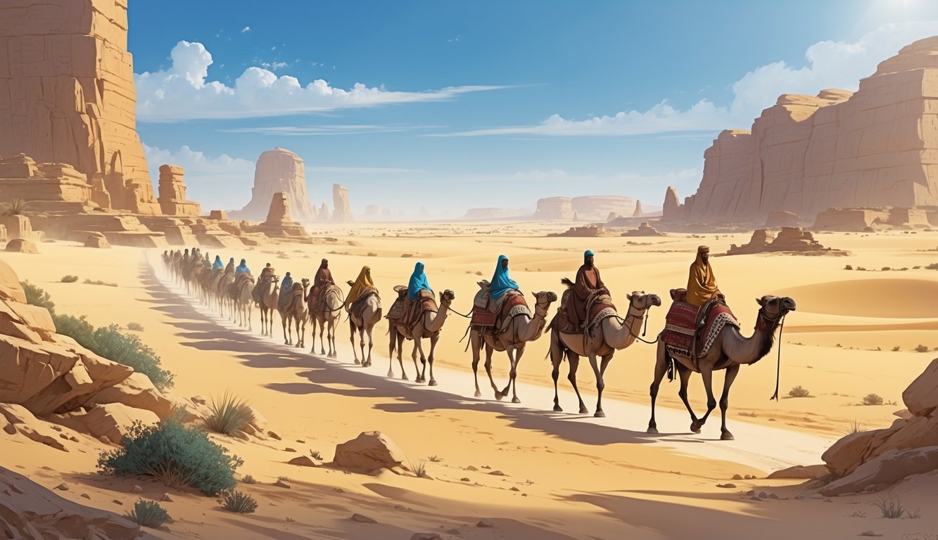 A caravan of camels and traders crossing a vast desert with sand dunes and rocky formations, representing ancient Trans-Saharan trade routes in Chad.