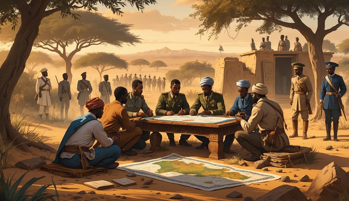 A group of Chadian resistance fighters planning in a Sahelian landscape near a colonial military outpost during the colonial era.