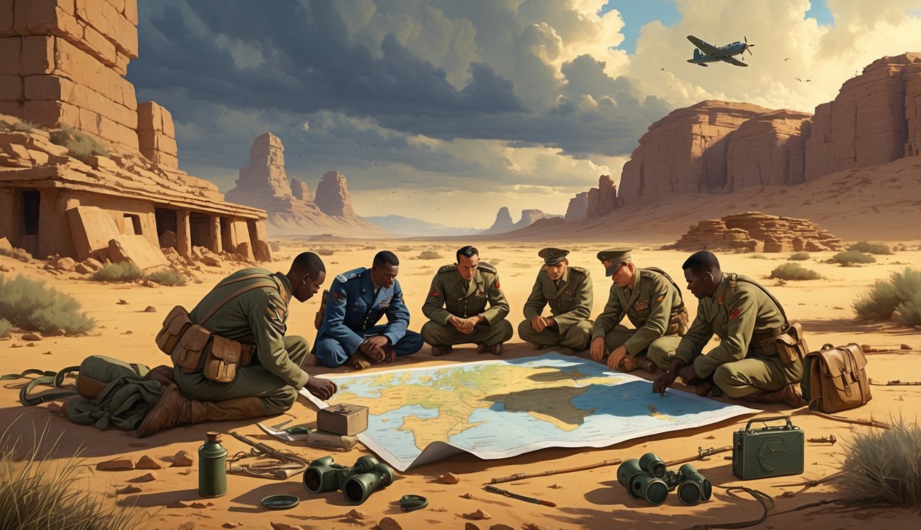 Soldiers in World War II-era uniforms gather around a map in a desert landscape with rocky formations and ancient ruins in the background, with a vintage military plane flying overhead.