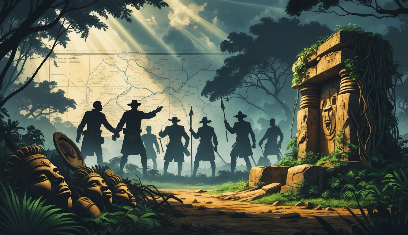 A jungle scene with ancient tribal artifacts, colonial-era figures, and a mysterious stone monument under a dramatic sky.