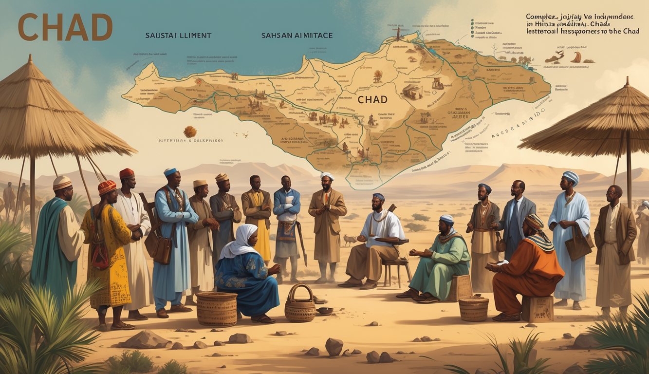 A group of diverse Chadian people gathered outdoors with a map of Chad in the background, surrounded by natural landscapes representing the country's geography.