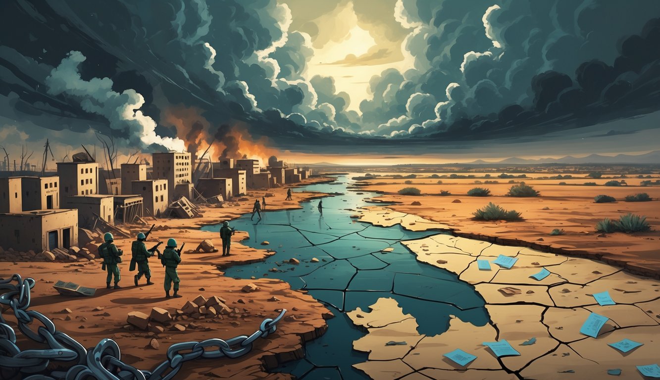 A divided landscape showing a war-torn city and dry rural land with a cracked map of Chad in the center, under dark stormy skies.
