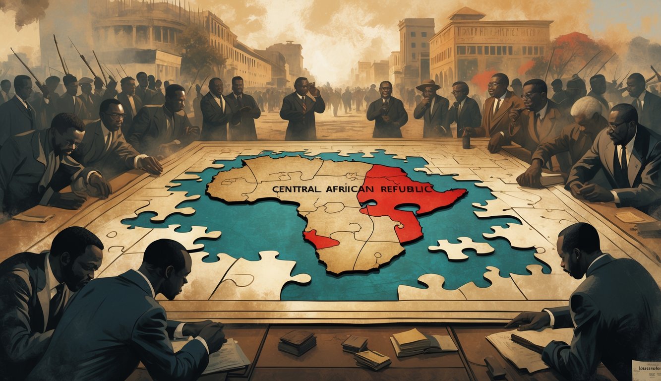 A symbolic map of the Central African Republic made of puzzle pieces with historical figures and scenes of political unrest surrounding it.