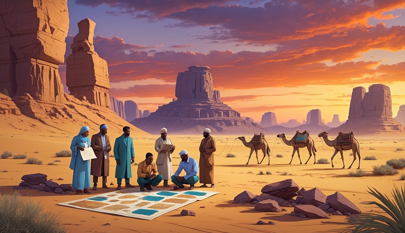 Researchers examine ancient artifacts and maps near mysterious desert ruins in Chad’s Sahara landscape at sunset, with nomads and camels in the background.