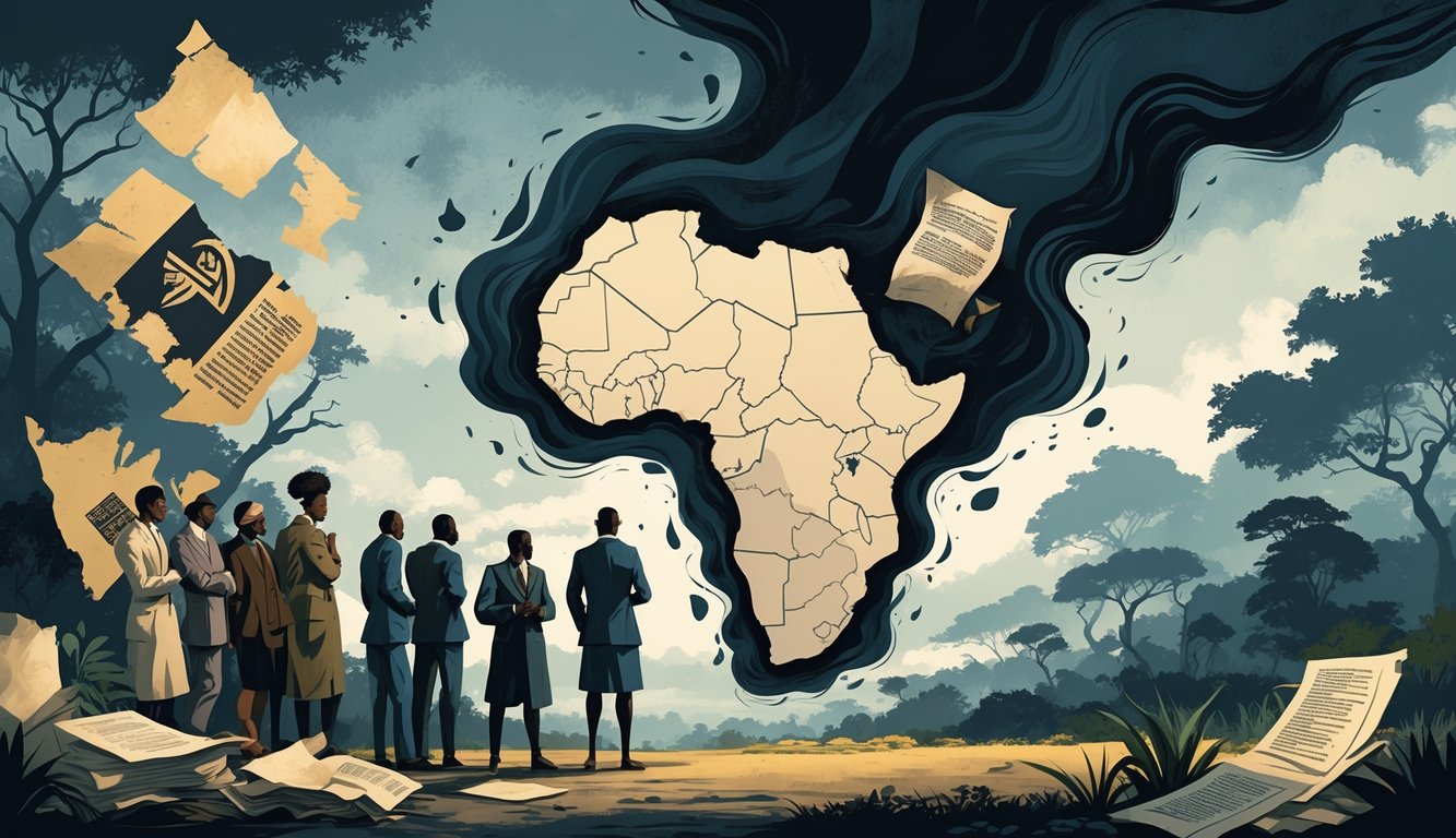 A map of the Central African Republic surrounded by shadows and historical artifacts with diverse people in thoughtful poses, set against a background of forests and urban decay.