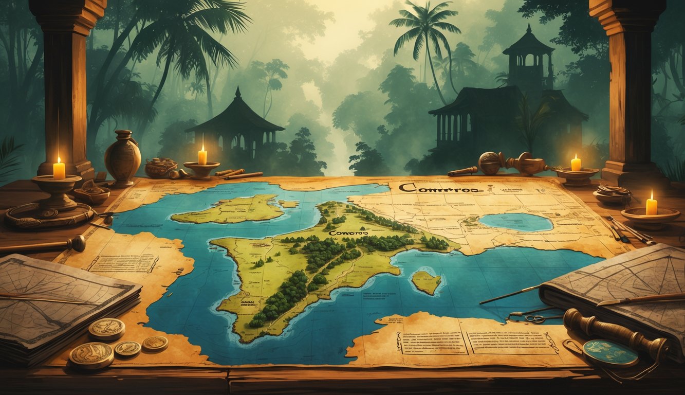 An ancient map of the Comoros islands on a wooden table surrounded by old artifacts and faint silhouettes of traditional buildings and forests, evoking mystery and history.