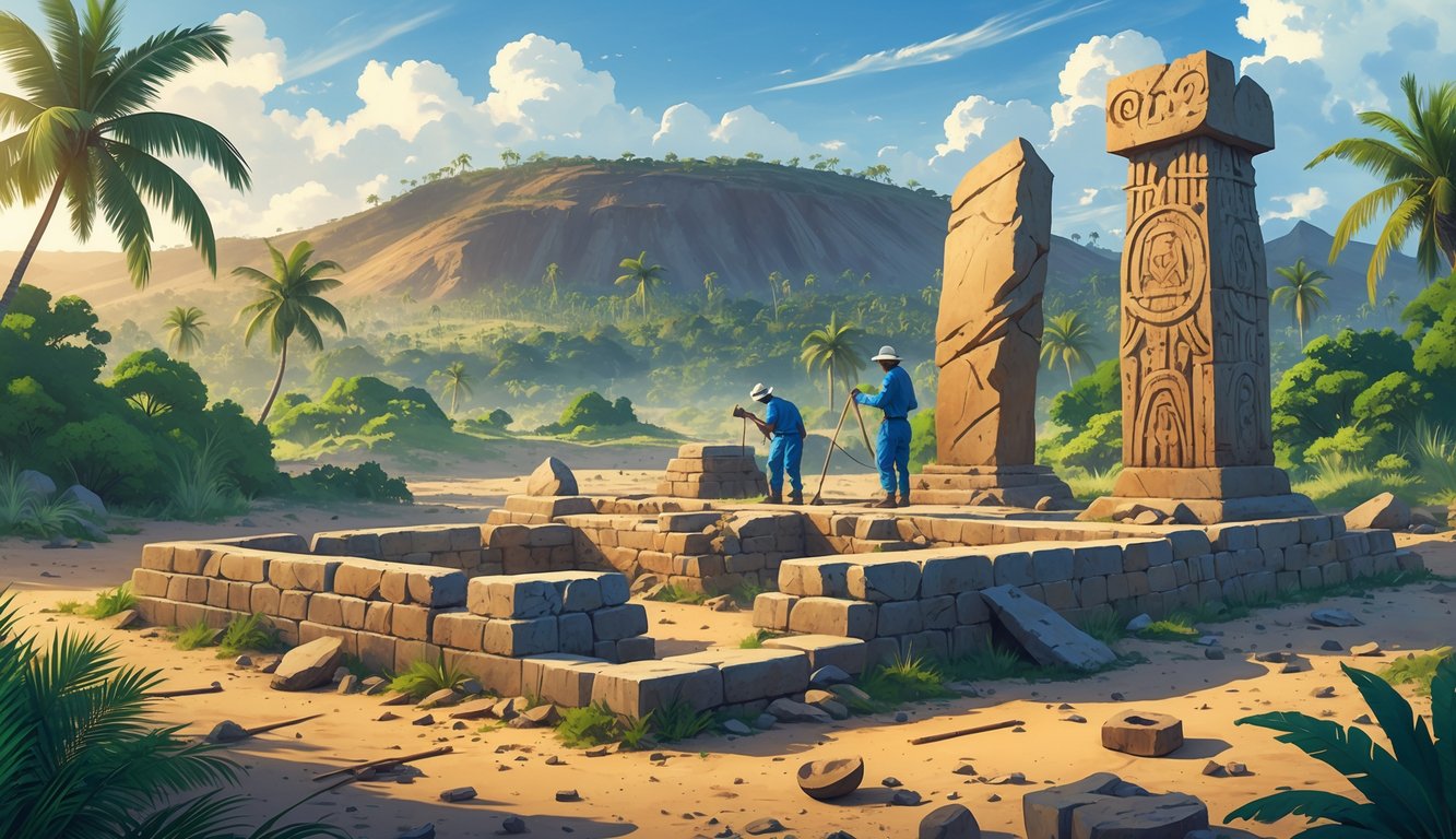 An archaeological site on a tropical island with ancient stone ruins, carved monoliths, and archaeologists examining the area surrounded by dense vegetation and hills.