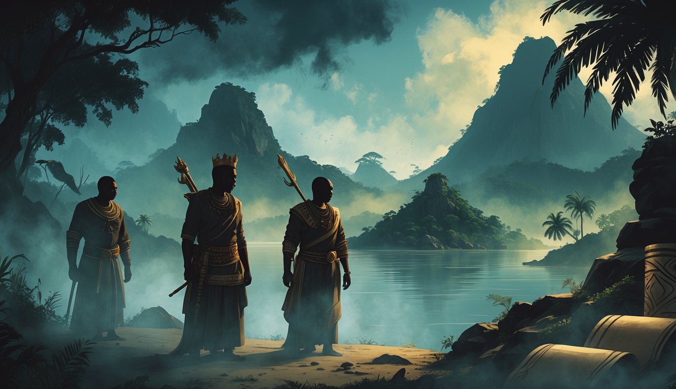 Shadowy figures in traditional Comorian clothing stand amidst misty island landscapes with volcanic peaks and ancient buildings, surrounded by symbols of leadership and mystery.