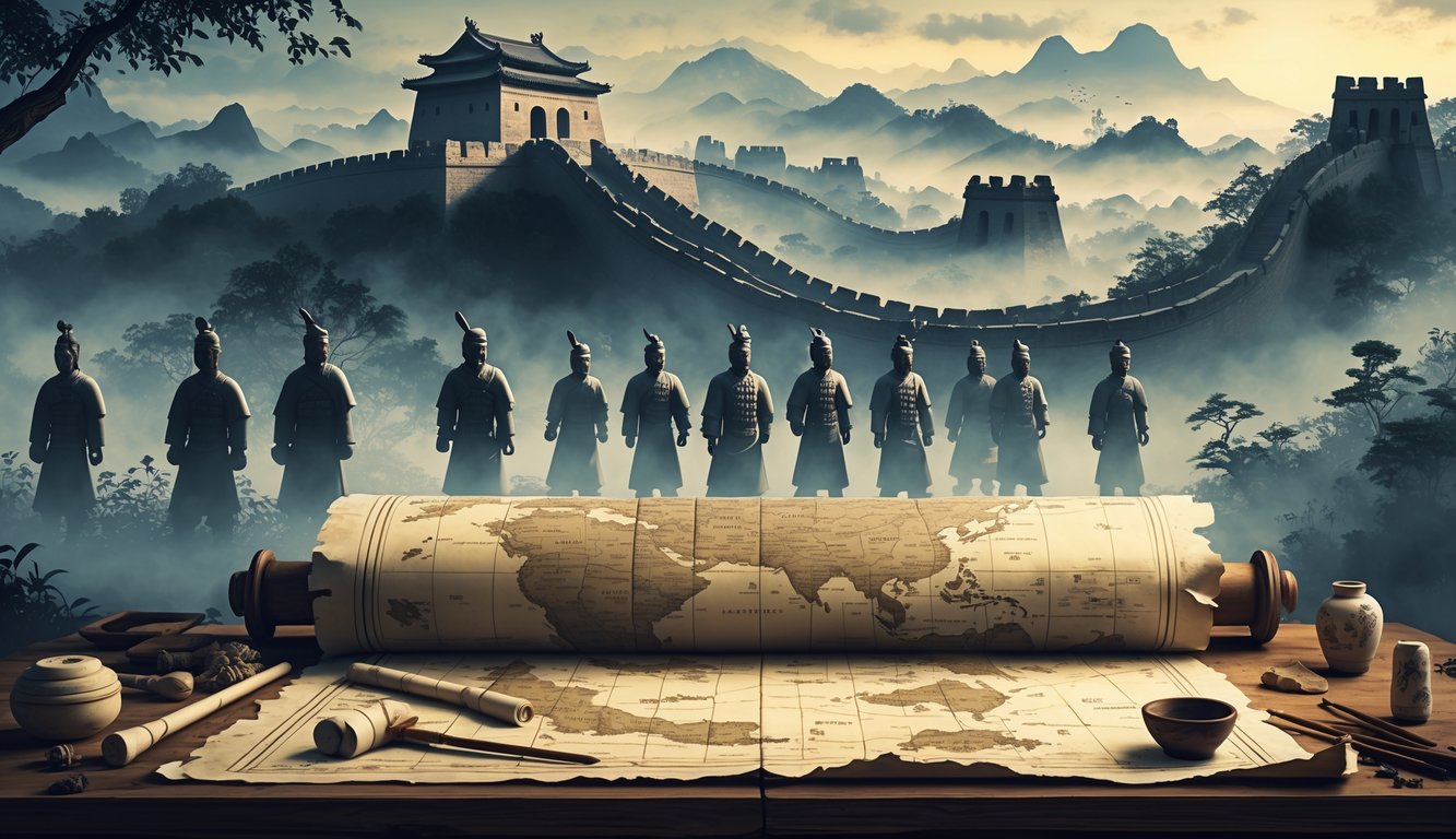 An ancient map of China on a wooden table surrounded by Terracotta Army figures, the Great Wall winding through misty mountains, and ancient artifacts like jade and oracle bones, creating a scene of historical mystery.