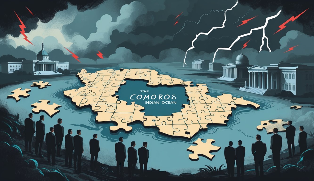 An illustration showing the Comoros Islands surrounded by scattered puzzle pieces and shadowy figures, with stormy clouds and lightning in the background symbolizing political instability.