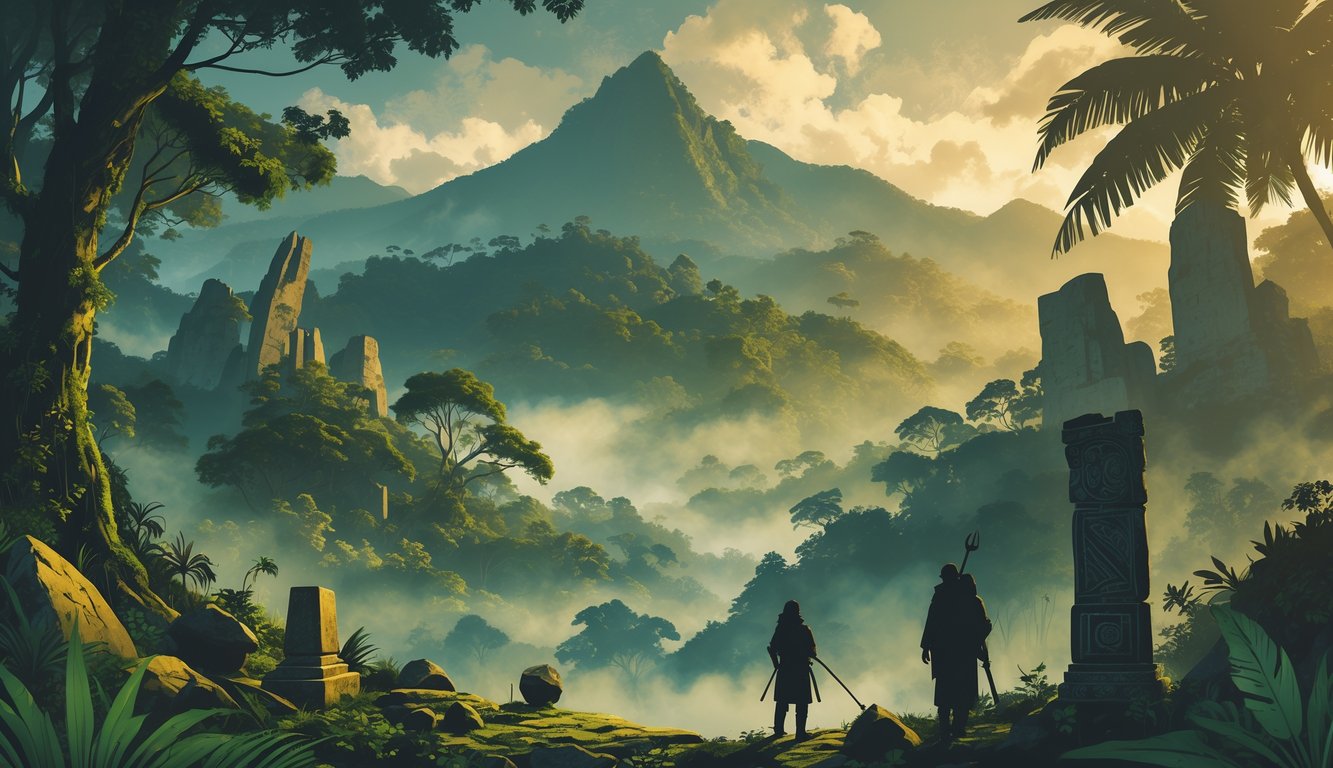 A mysterious scene showing Colombian mountains, dense jungle, ancient stone statues, and hidden artifacts surrounded by mist and shadows.