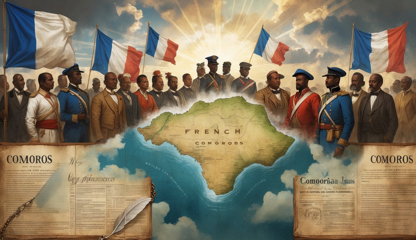 A map of the Comoros islands surrounded by people representing both French colonial officials and Comorian locals, with symbols of governance and freedom in the background.
