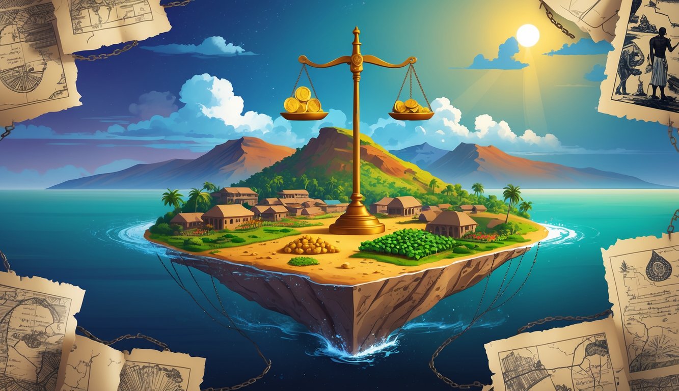 An island scene showing Comoros with markets and traditional buildings, a balance scale above it holding coins and shadows, symbolizing economic prosperity and challenges.