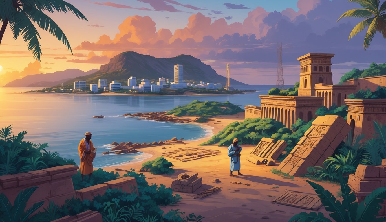 A panoramic view of the Comoros islands showing ancient ruins, traditional buildings, local people examining artifacts, and modern structures in the background under a twilight sky.