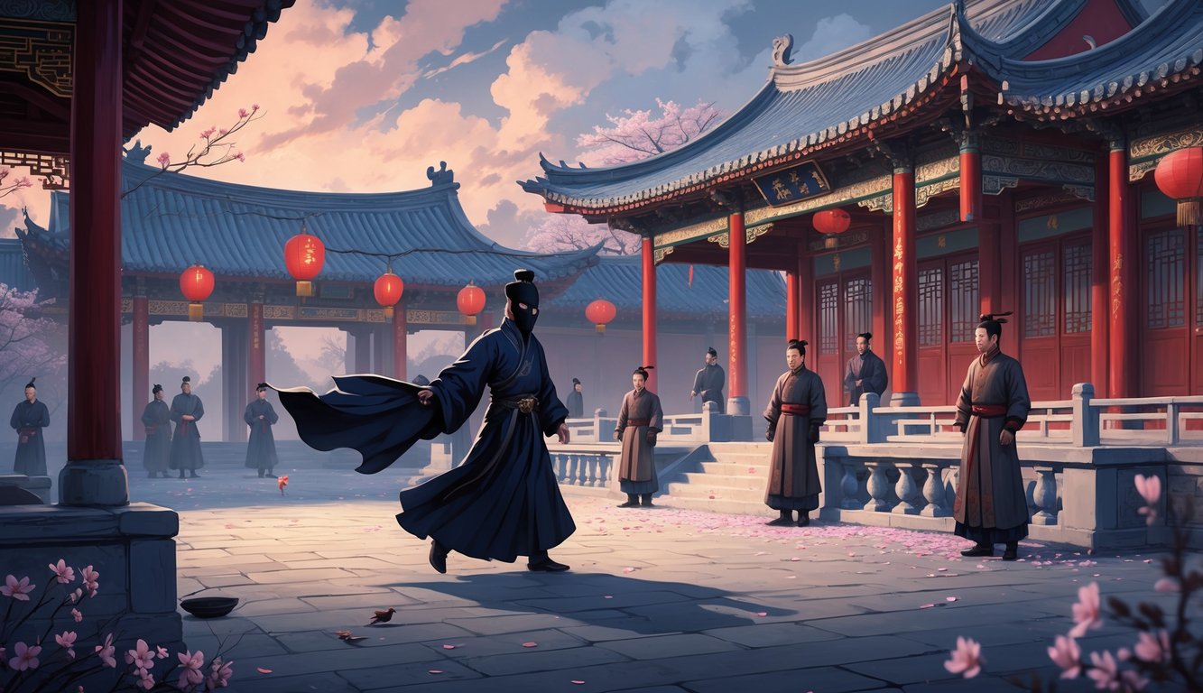 A tense scene in an Imperial Chinese palace courtyard at dusk showing a masked assassin approaching an unaware noble, with guards and whispering courtiers in the background.