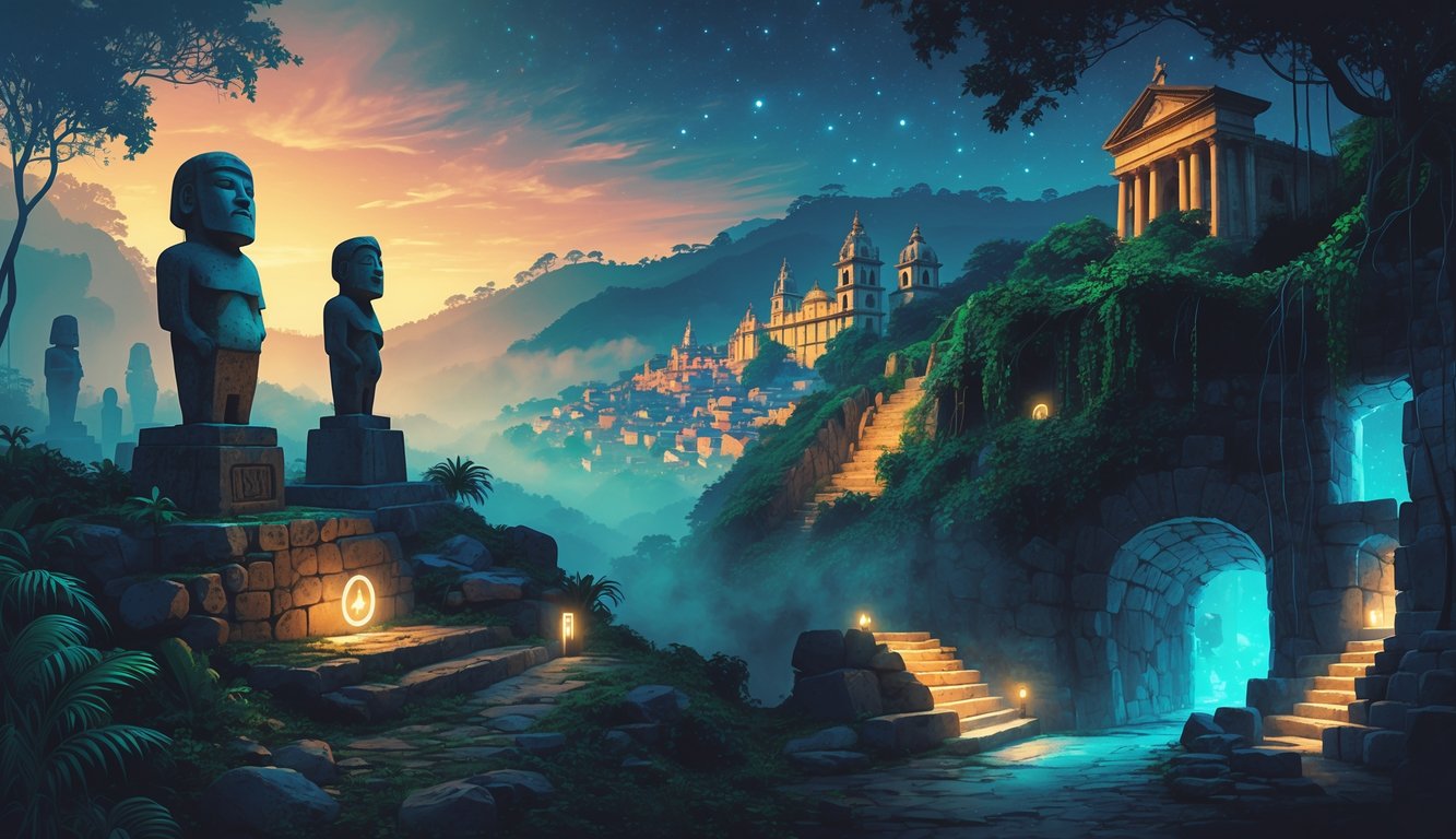 A collage showing Colombia's UNESCO World Heritage Sites including ancient stone statues, colonial buildings, jungle ruins, and an underground cathedral, with elements suggesting historical mysteries like glowing symbols and hidden pathways.