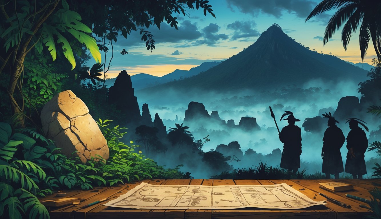 A collage showing ancient stone artifacts in a jungle, an old map with symbols on a table, indigenous figures near misty ruins, and mountains in the background.