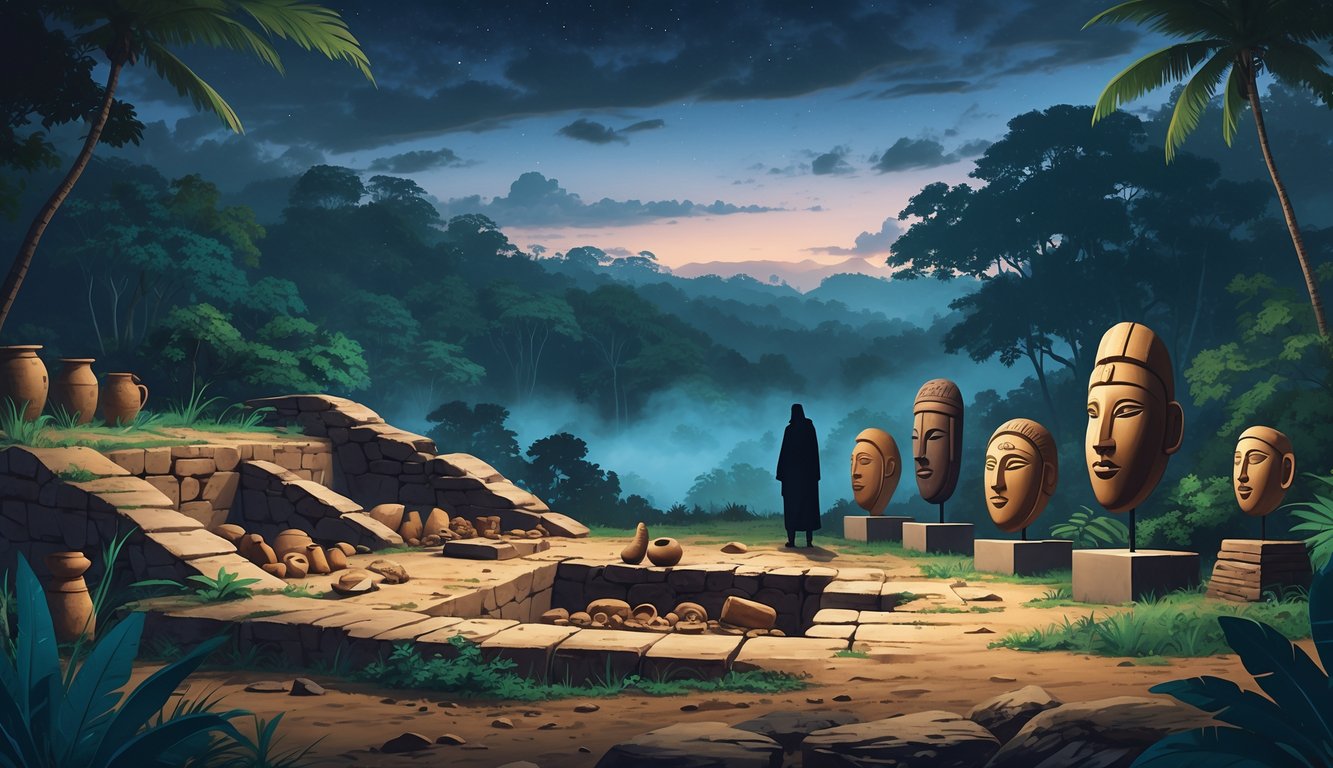 An archaeological site in a tropical forest with ancient artifacts, traditional masks, and a shadowy figure observing the scene.