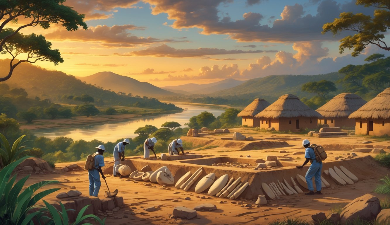 Archaeologists excavating ancient artifacts near early village structures in a lush West African landscape with a river and distant hills at sunset.